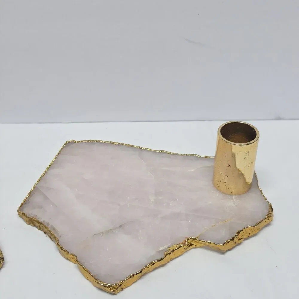 Pair Anthropologie Agate Natural Stone Gilded Gold Edge Candle Holders Boho